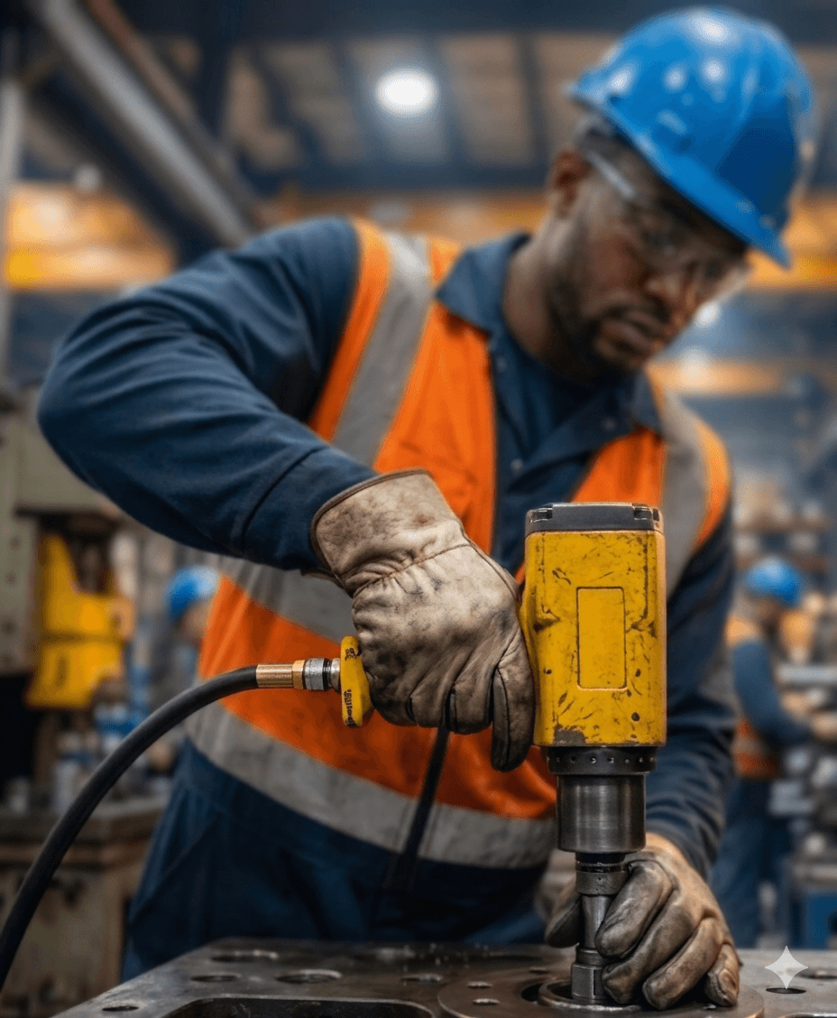 Operador utilizando ferramenta industrial em ambiente fabril